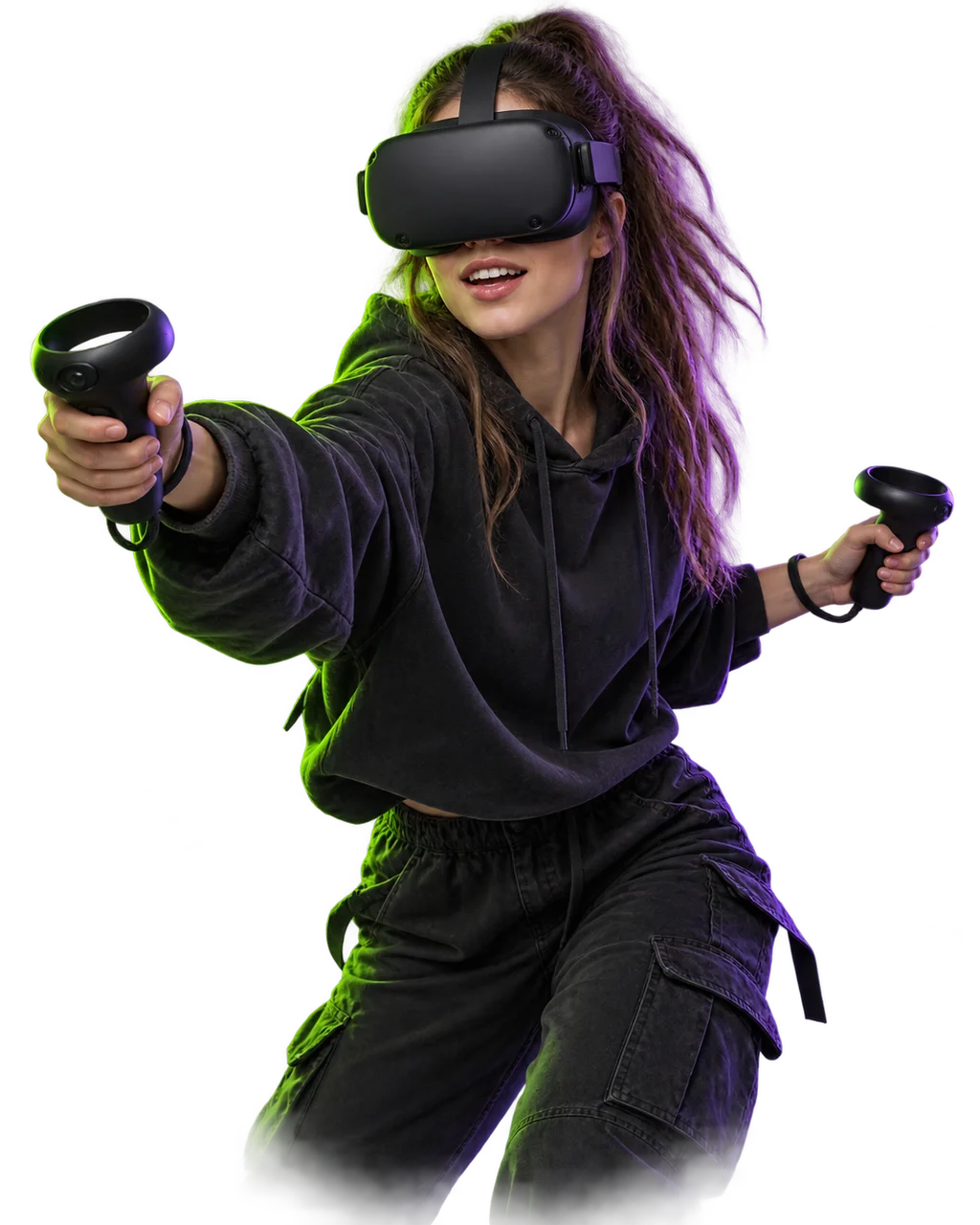 Игрок в VR-шлеме с контроллерами выходит за границы светящегося портала